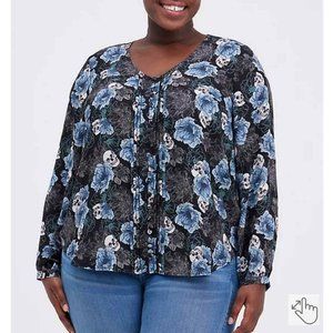 Torrid Womens 2X Georgette Skulls Floral Shirt Black Blue Pullo…